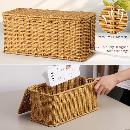 Image of ZhiYo Rattan Cable Management Box, Cord Organizer, Nature, 13.5 inchx6.2 inchx6 inch | Handwoven imitation rattan cord hider box conceals power strips and cables for a clean desk or floor setup