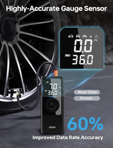 Image of COSTAR Dual Mode (6000 mAh Battery & 12V DC Cord) Air Pump for Car Tyre, Digital Tyre Inflator for Car and Bike with 150 PSI, Cordless Car Air Pump, Auto Cut-Off, Multiple Nozzles