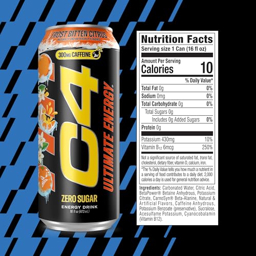 Image of C4 Ultimate Energy Drink, 300mg Caffeine, Zero Sugar, High-Performance Energy for Pre-Workout, Endurance, and Focus, Frost Bitten Citrus, 16oz (Pack of 12)