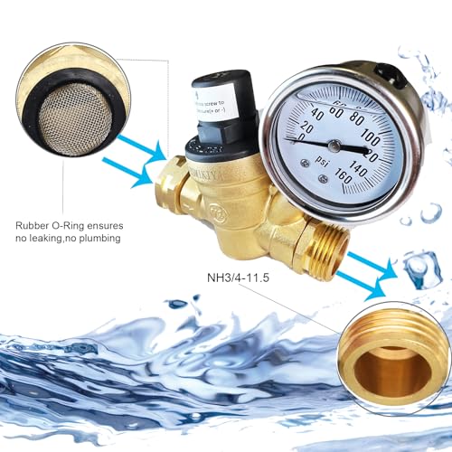 Image of RV Water Pressure Regulator Valve,Brass Lead-Free Adjustable Water Pressure Reducer with Gauge,Inlet Screen Filter,Water Regulator for RV Camper Travel Trailer