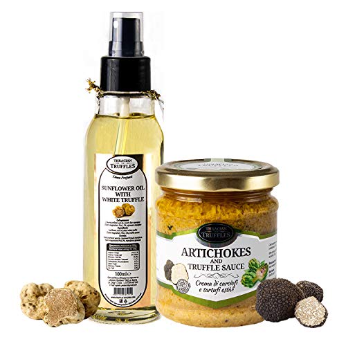 Aceite de girasol de trufa blanca con Tuber Magnatum Pico, 100ml SPRAY ideal para cocinar, servir, ensaladas y Alcachofa Gourmet Pate Salsa con Black Summer Truffle Trufa negra Tuber Aestivum 180g