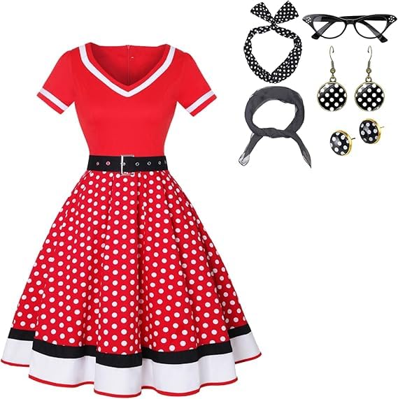 DELIVESS Vintage 1950s Women's Polka Dot Dress - Retro Rockabilly Costume for Party & Halloween 7PCS(Red,Large) — image 1