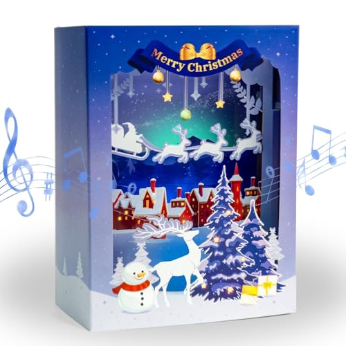 mountova 3D Pop Up Christmas Card with RGB Light & 2 Song Music, Musical Animated Xmas Greeting Card with Envelope, Snowy Snowman Scene Holiday Gift for Women Men Kids Mom Dad Friends