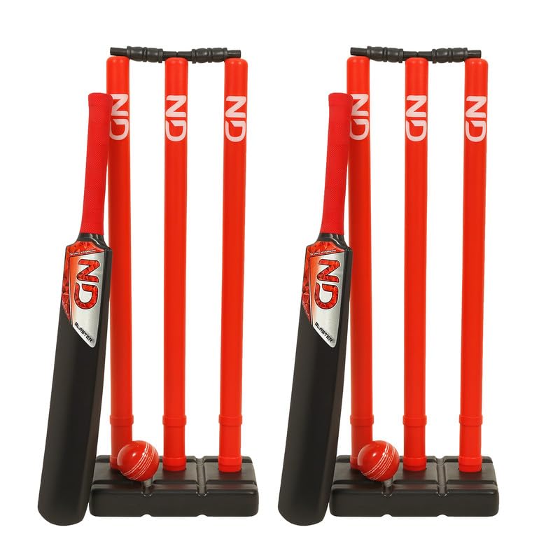ND Sports Cricket Set, Plastic Cricket Bat, 3 Cricket Stumps with Base & Cricket Ball | Lightweight Durable Cricket Kit for Indoor & Outdoor Garden Games