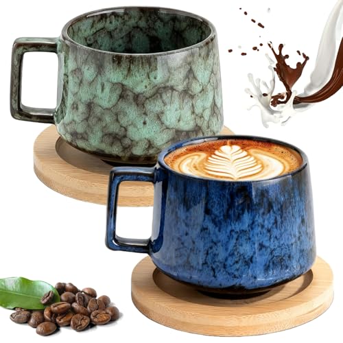 Set di 2 tazze da caffè, 190 ml, tazze da cappuccino a parete spessa, con piattini in legno, tazze da caffè in gres porcellanato, per americano, latte, tè e caffè (blu scuro + verde scuro)