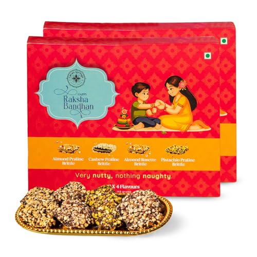 Image of Cacao Springs Assorted Brittle Collection Choco Box (Almonds, Cashew, Pista & Rose) - Diwali Gift Combo Choco & Nut Delicacy - Premium Diwali Gift Hamper - 8 Pieces in Each Box - 2 Boxes - 224gm