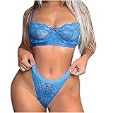 Women's Mesh Lingerie See Through Sleepwear Hollow Out Underwear 2 Piece Set Nightwear Panty Boudoir Bra Teddy Blue
