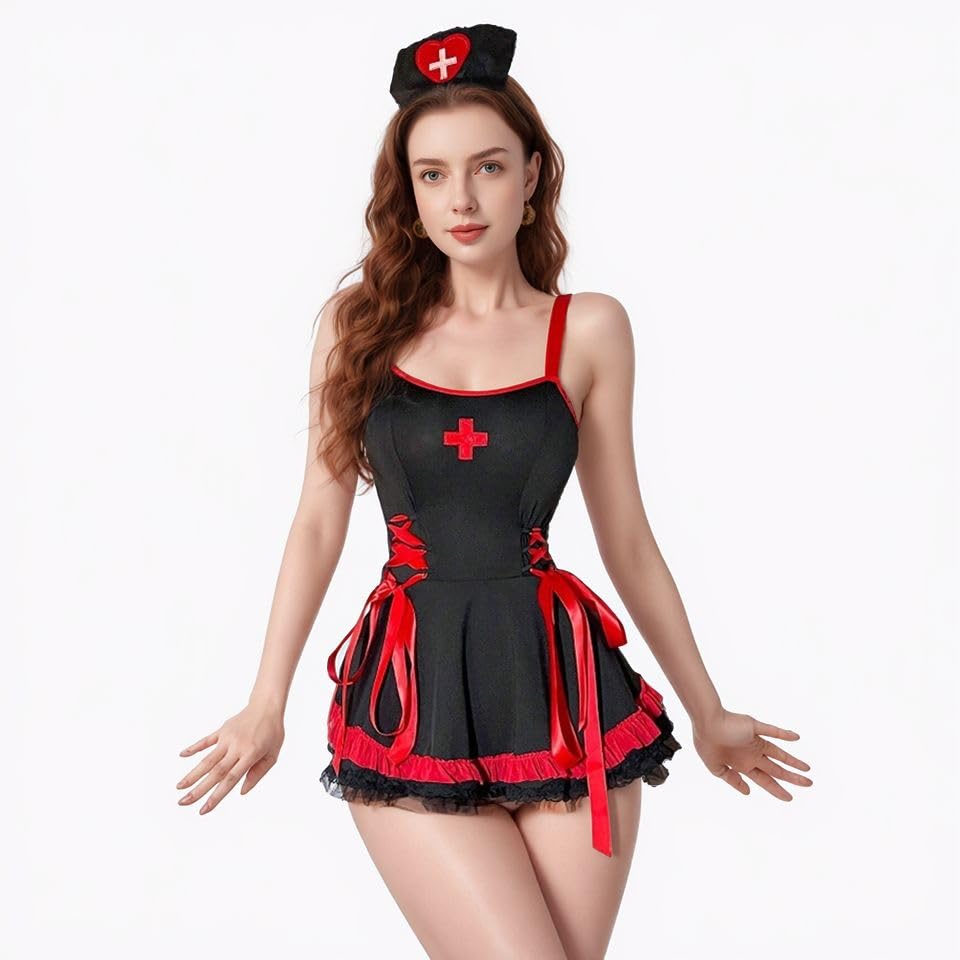 Satohom Frauen Sexy Krankenschwester Kostüm Cosplay Nurse Uniform Versuchung Babydoll Lingerie Mini Spitzenkleid Set Dessous Rückenfrei Nachtwäsche...