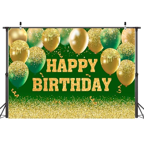 Image of Happy Birthday Decorations Backdrop 10 x 6 ft Green Golden Happy Birthday Banner Large Birthday Party Background for Men Women Kids Photo Shoot Supplies