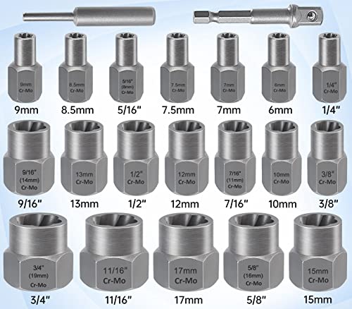 Image of XEWEA 21PCS Bolt Nut Extractor Set, 3 /8 inch Drive Easy Out Broken Lug Nut Extraction Remover Socket Set for Damaged, Frozen,Studs,Rusted, Rounded-Off Bolts & Nuts Screws