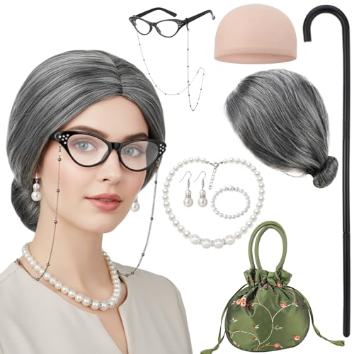 ZhouBoat 9pcs Old Lady Costume Set Grandma Accessories Old Lady Wig Wig Caps Grandma Cane Glasses with Chain Faux Pearl Jewelry Handbag for Women Halloween Party Grey