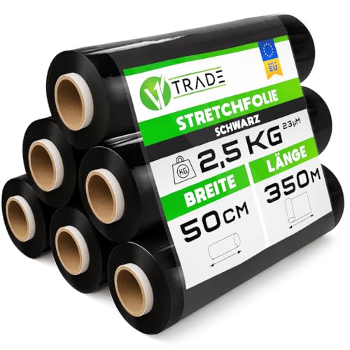 V1 Trade Stretchfolie Schwarz Strechfolienrolle - 6 Wickelfolie - Handstretchfolie - 50cm Breit - Verpackungsmaterial - Verpackungsfolie auf Rolle - Folie Für Möbel - Folien Für Umzug - Umzugsfolie