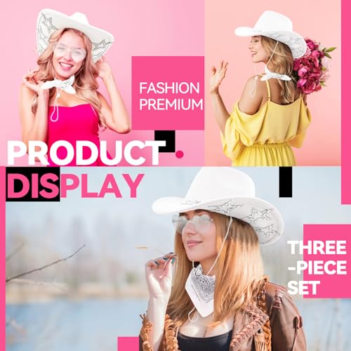 Image of SHENYI Cowgirl Hat and Bandana and Heart Sunglasses Glitter Rhinestone Star Cowboy Hat Western Sparkly Hats for Women Men