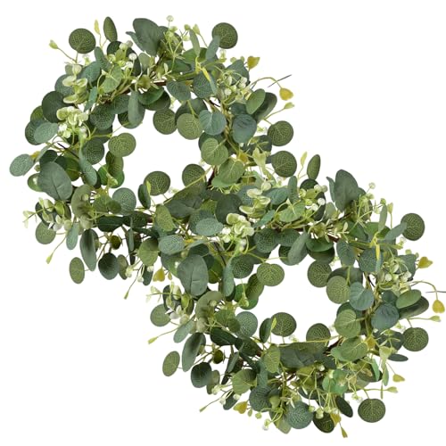LSKYTOP 2PCS Green Eucalyptus Wreaths 12 Artificial Spring Summer Eucalyptus Leaf Wreaths with Berries for Home Farmhouse Front Door Decor