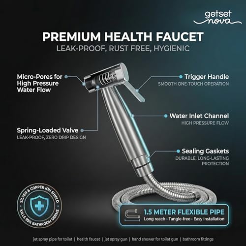 Image of Health Faucet Stainless Steel Jet Spray Gun for Toilet | Silver & Copper Ion Shield Kills 99% Germs | Leak-Proof Bathroom with 1.5 mtr Hose 1 Year Warranty (Jet Spay with Pipe)
