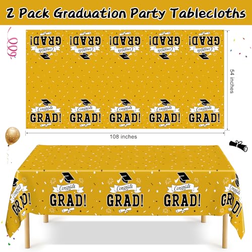 Image of 2Pcs 2026 Graduation Table Decorations, 108 inch X 54 inch Yellow Plastic Graduation Tablecover, Disposable Tablecover for Class 2026 Congrats Grad, Rectangle Tablecloth for Grad Decor Party Supplies for kids