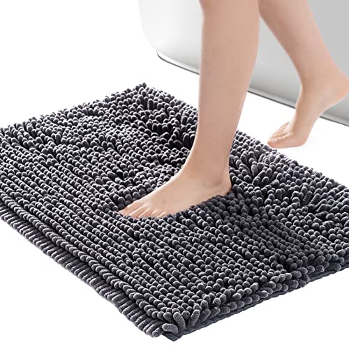 Freshmint Chenille Bathroom Rugs Non-Slip Bath Mat 24”X16.5“, Washable Soft Shower Mat, For Bathroom Floor & Tub Fluffy Shag Bath Rugs, Durable Thick Water Absorbent Microfiber Shower Rugs, Gray #TOP5