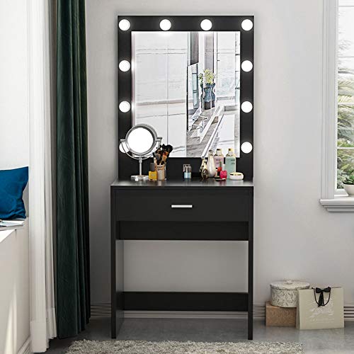 Tribesigns Vanity Set with Lighted Mirror, Makeup Vanity Dressing Table Dresser Desk with Large Drawer for Bedroom, Black (10 Cool LED Bulbs)
