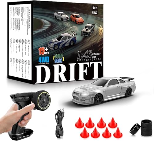 Image of RC Drift Car, 1:43 Scale Full Proportional RC Electric Mini Racing Drift Car Model with Lights Kit, RC Model Cars Gifts for Adults (RTR Version) (Gyroscope RTR Version,Silver)