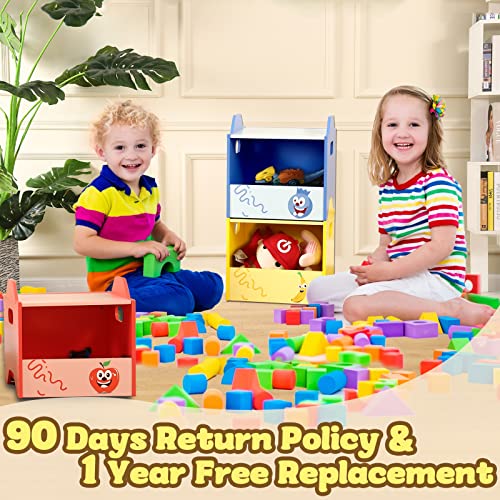 Funlio Stackable Wooden Toy Box With Lid (3Pcs), 2-In-1 Toy Chest & Stool, Colorful Fruit Design Toy Chest For Boys/Girls, Cute Small Toy Storage Bins For Living Room/Bedroom, Easy To Carry & Assemble #TOP6