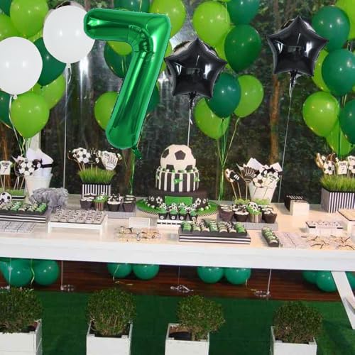 Image of TONIFUL 32 Inch Soccer Balloons Set 7th Birthday Decoration Green Number 7 Foil Soccer Balloon Black Star Balloons for Children's Boys Birthday Party Football Themed Party Supplies