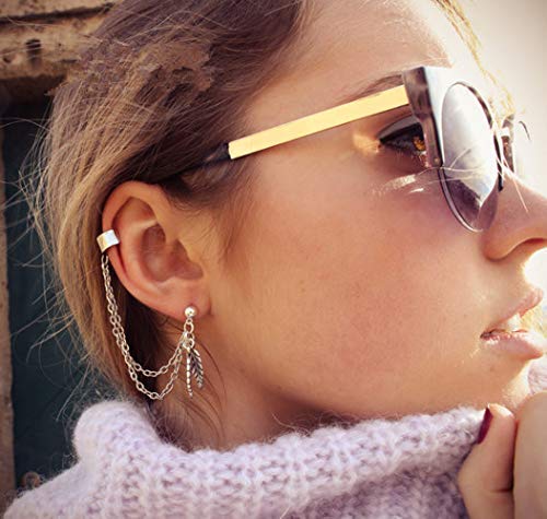 Deniferymakeup - Pendientes de tuerca con diseño de hoja simple dorada y plateada, estilo vintage, con cierre de clip, cadena minimalista, accesorio para mujeres y niñas