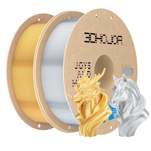 Image of 3DHoJor Silk PLA Filament 1.75mm, PLA Filament 1.75mm Silk Shiny 3D Printer Filament, 1kg*2 Cardboard Spool, Dimensional Accuracy + /- 0.03 mm, Fit Most FDM Printer(Silk Silver+Gold)