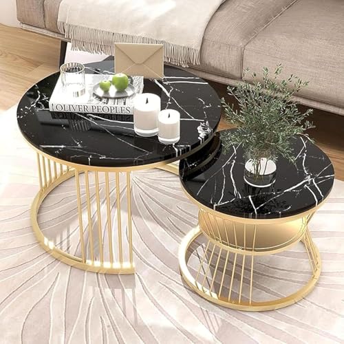 Image of CROWN ART SHOPPEE Two Stacking Center Tables with a Metal Frame and Marble Laminate for Living Rooms, bedrooms, or Apartments