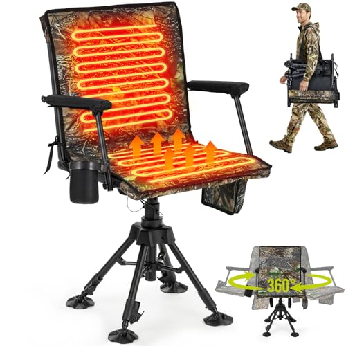 HUNTSEN Heated Hunting Blind Chair with Removable Cover - Dual Heating Zones 3 Heat Levels - 360°Silent Swivel Height Adjustable Ground Chair - Portable Hunting Fishing Heated Seat - Supports 330lbs