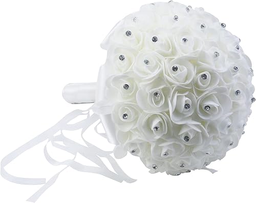 Miniatura 3 de Antrader Ramo de boda nupcial de la cinta del Rhinestone blanco hecho a mano de seda artificial que sostiene flores para la boda