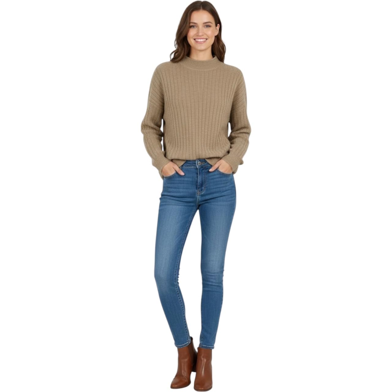 Women's Brown Ribbed Mock Neck Pullover Sweater L, Acrylic Blend, Full Sleeve, Lightweight Warm Winter Knitwear, Solid Color Jumper-image-10