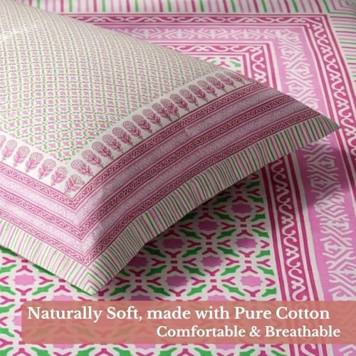 Image of Jaipur Weaves Jaipuri Double Bed Cotton Bedsheet Queen Size 90x85, 120 TC 100% Pure Cotton Bed Sheet with 2 Pillow Covers, Floral Traditional Print (Motifs Pink, Double)