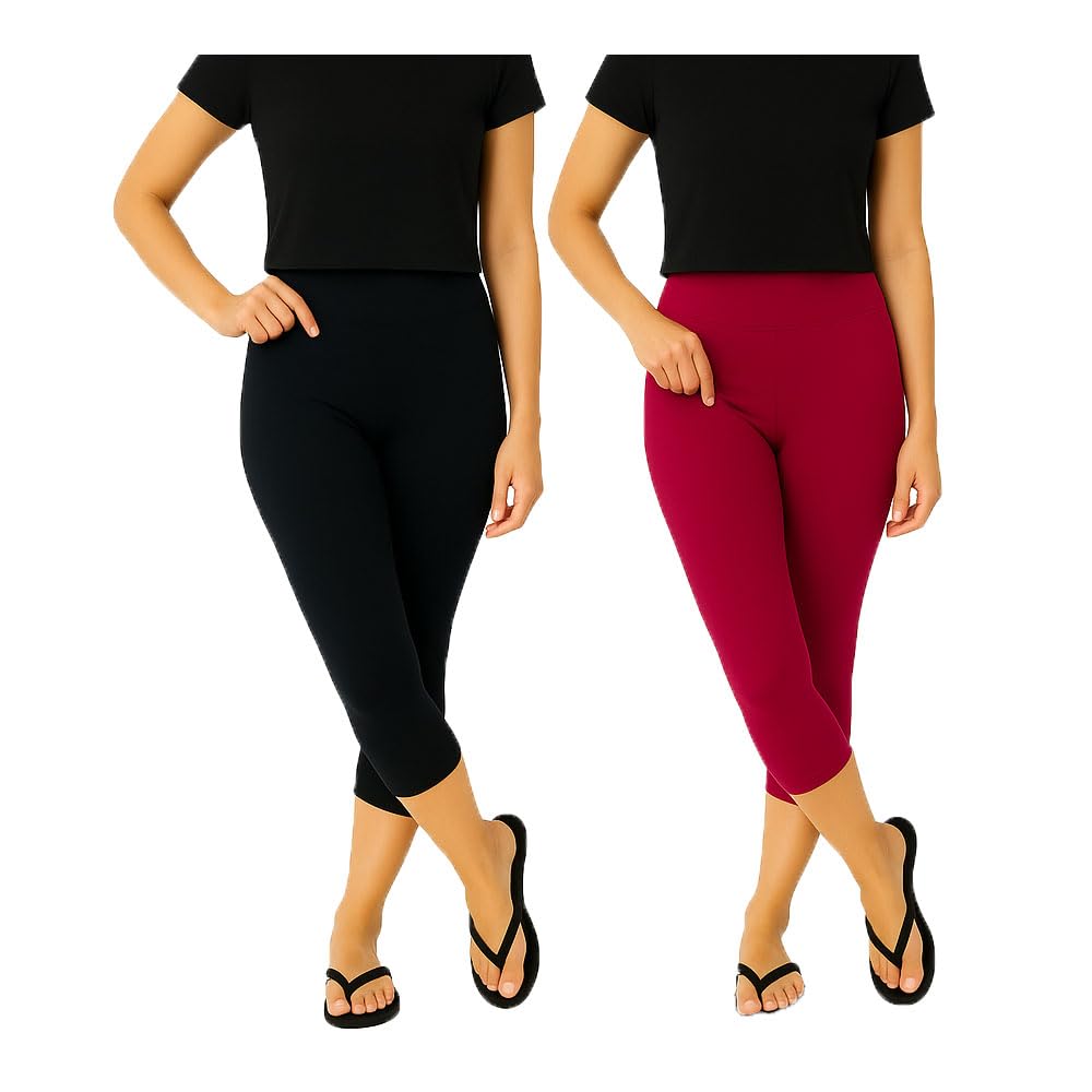 Women's Cotton Blend Capri | Elastic Waist Band with Regular Fit | Plain Solid 3/4th Knee Length Capri Pants for Girls | Comfortable & Stretchable | Combo Pack of 2 (Black, Pink)-picture-45
