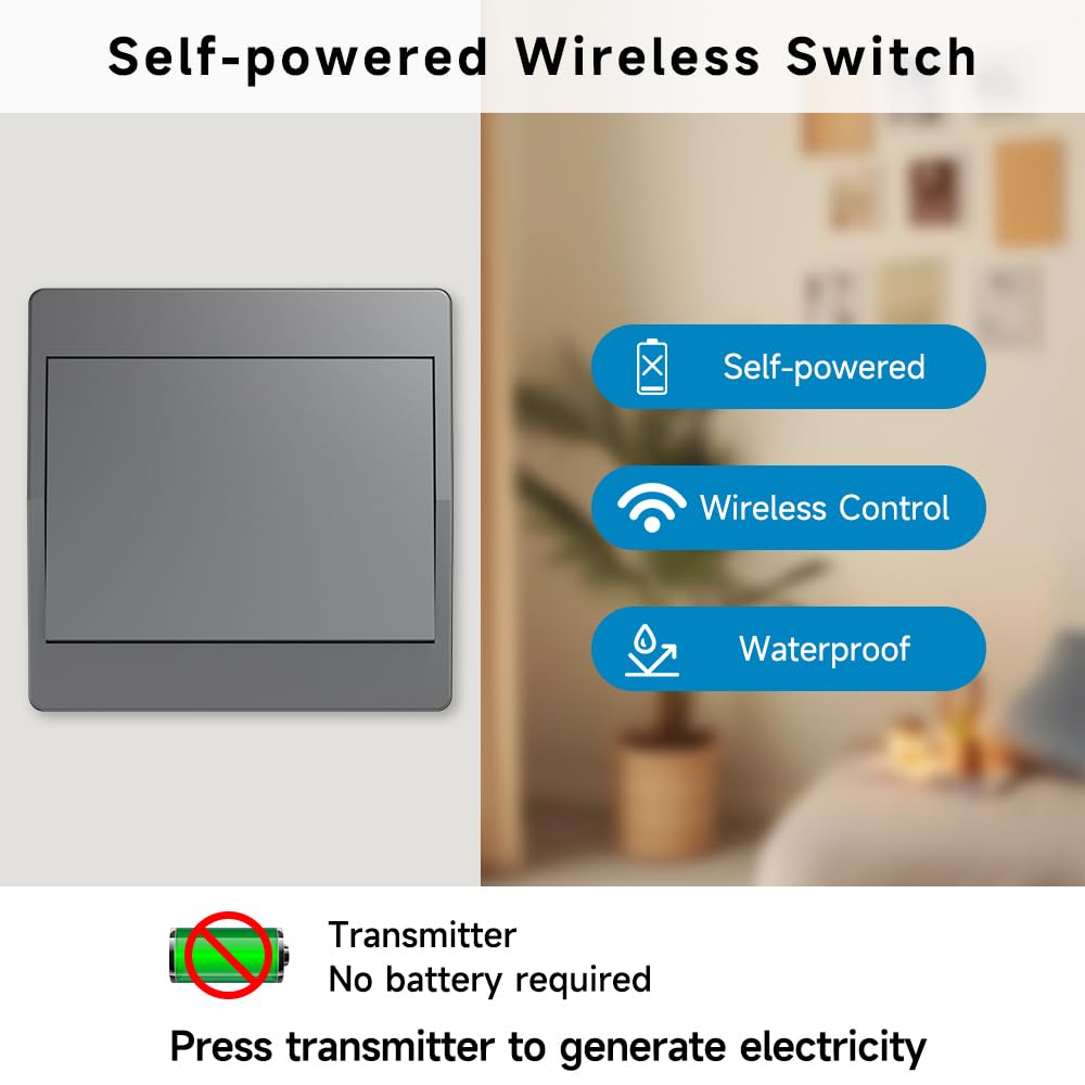 Grau Selbstbetriebener kabelloser kinetischer Schalter-Set RF-Fernbedienung kabelloser kinetischer Schalter ohne Batterie kabellose Funkschalter (Grau 1Gang 2V2 EU)