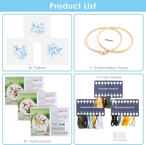 Image of GLTAYLMY 3 Pack Embroidery Kits for Adults, Hummingbird and Flower Embroidery Kit for Beginners with Clear Instructions,1 Plastic Embroidery Hoops, Stamped Patterns, Colorful Threads, Tools