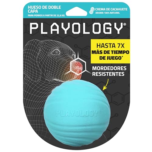 Playology Pelota de doble capa para perros, juguete azul con aroma a mantequilla de maní natural | Bola masticable de tamaño jumbo para perros grandes a XL (50 libras +)