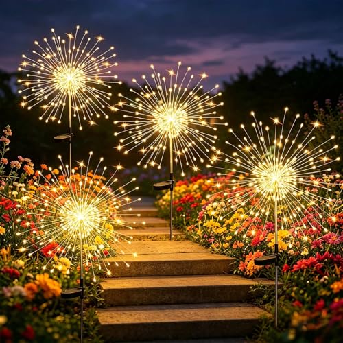 Joycome Solar Garden Lights Outdoor 4 Pack 120 LED Solar Fireworks Lights Outdoor Waterproof8 Modes Starlit Starburst Light DIY for Yard Patio Pathway Planter Party Wedding Flowerbed Decor