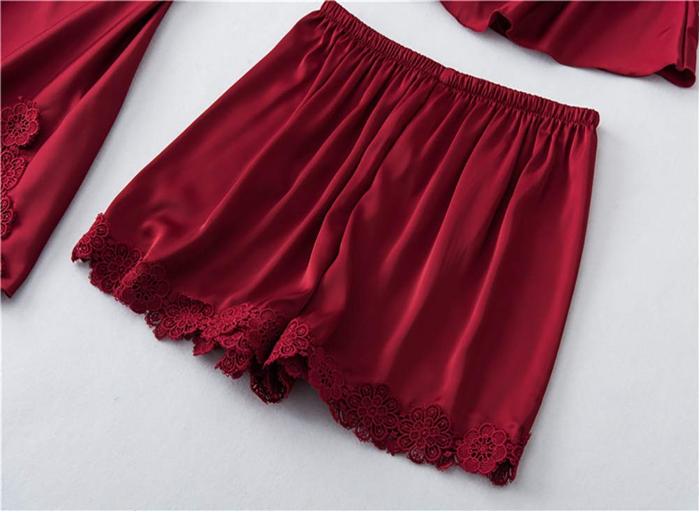Pigiami da Donna Intimo da Notte da Donna Set Pigiama da Donna in Seta 4 Pezzi Set da Pigiama da Notte in Raso da Notte con Pantaloncini Camicia da Notte Sexy (Color : Red, Size : L-XL) (Red M)
