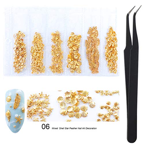 WOKOTO Gold Nail Studs Rivet 3d Nail Art Decorations Kit With Tweezers Mix Shapes Shell Starfish Conch Sea Horse Nail Art Alloy Gems Decorations