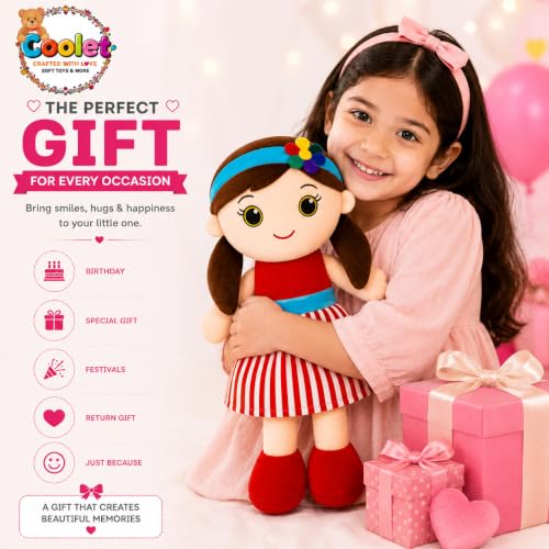 Image of Soft Plush Doll for Kids | Cute Rag Doll with Braided Hair & Cap | Washable Stuffed Toy for Girls & Boys | Birthday Gift for Kids (Multicolor) (red)