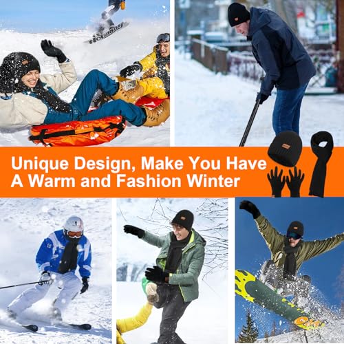 3PCS Winter Beanie Hat Scarf Touchscreen Gloves Set for Men and Women, Knitted Fleece Lined Hats Thermal Gloves Long Scarf3