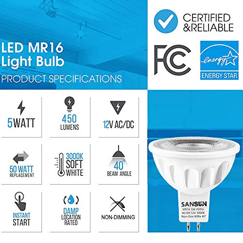 Sansun 5W Mr16 Led Bulbs, 12V 50W Halogen Replacement, Gu5.3 Bi-Pin Base, Soft White 3000K, Non-Dimmable, (Pack Of 4) #TOP3
