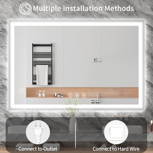 Image of Koonmi 60x28 LED Bathroom Mirror with Light, Anti-Fog, 3 Colors | Backlit + Front Lit, Dimmable Brightness, Shatterproof HD Distortion-Free Tempered Glass, Hardware Included