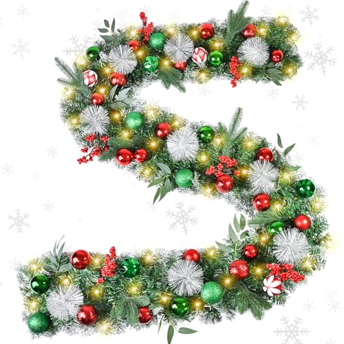 9 FT Pre-Lit Christmas Garland with Red Green Glitter Matte Ball Decorations for Home - By Beinhome