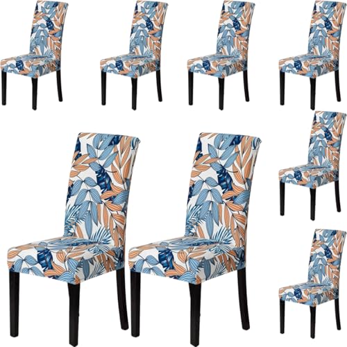 Image of Styleys Chair Covers for Dining Room, Stretch Dining Chair Cover, Washable Spandex Kitchen Chair Slipcovers (Set of 8, Blue /Orange Leaf, SD3209)