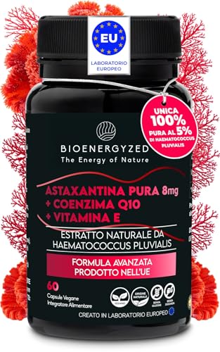 Astaxantina Pura 100% Naturale ad Alto Dosaggio | Unico con 3 Antiossidanti in Dosi Massime: 8mg di Astaxantina reale per Capsula + 100mg Q10 + Vitamina E | Formulato e Prodotto in Europa | 60 Capsule