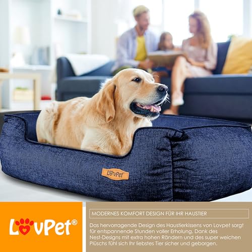 Lovpet® Hundebett Hundekissen Hundekorb Chiller, Inkl. Napf + 3X Kauknochen, Hundesofa Kissen für Kleine, Mittelgroße & Große Hunde, Bezug abnehmbar und waschbar, XL 110 x 75 x 27 cm Navyblau
