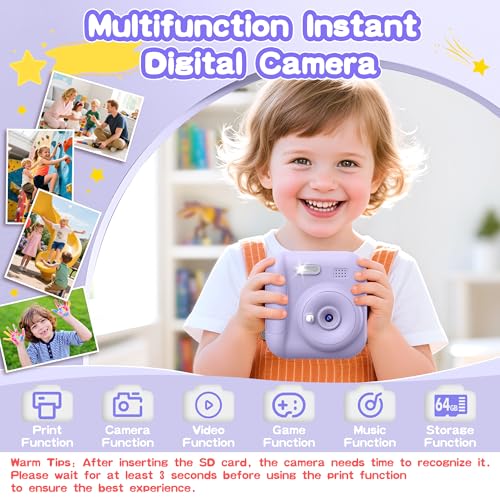 Image of Kids Instant Camera with 64GB SD Card, Portable Digital Camera Toy for Girls and Boys Ages 3-12, Toddler Christmas and Birthday Gift for 3 4 5 6 7 8 9 10 Year Old Kids (Purple)