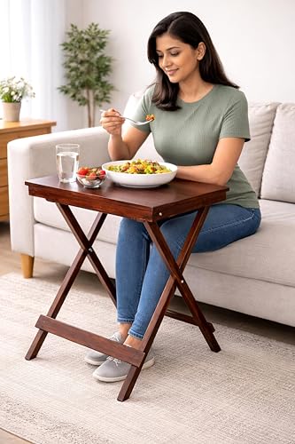 Image of fplus Teak Wood Folding Table 18x20x27 Inches | Tall Side Table for Sofa, Bed & Garden