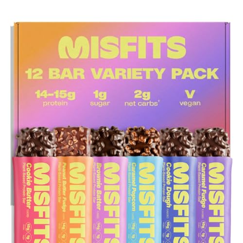 Misfits Vegan Protein Bars 6 Flavour Variety Pack | Sports Nutrition Bars - 14-15 grams Protein | 1 gram Sugar | Plant-Based, Low Carb, High Fibre | No Palm Oil | Non-GMO | Pack of 12 (2 x 6 Flavours)
